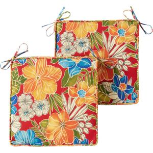Outdoor 18 inch Square Patio Dining Chair Pads – Comfortable Fiber-Filled Seat Cushions with Ties, Reversible Polyester Fabric - Aloha Red Floral, Set of 2