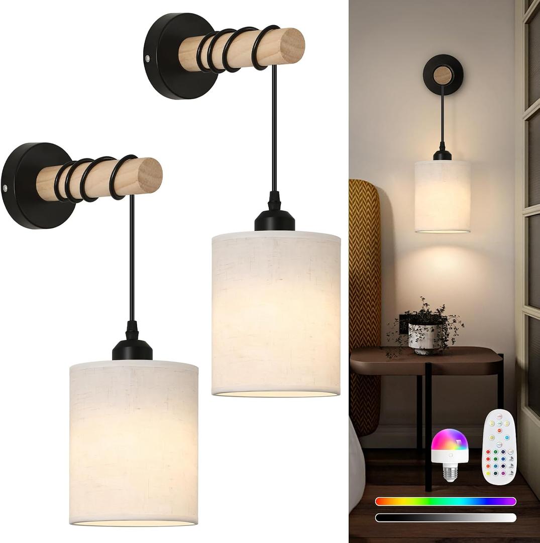 Battery Operated Wall Sconces Set of 2,Rechargeable Wireless Wall Lights with RGB & Dimmable Remote, No Wiring Renter Friendly, Modern Wood & Linen Wall Lamps for Bedroom Bedside Living Room., 3x5x2 inches