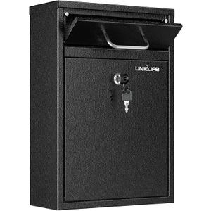 Uniclife Wall Mount Mailbox for Outside, Heavy Duty Locking Mailboxes, Large Mailbox with Key Lock, Security Mail Box, Safe Key Drop Box, Post Box, Steel Cash Drop Box for Home Office School, Black