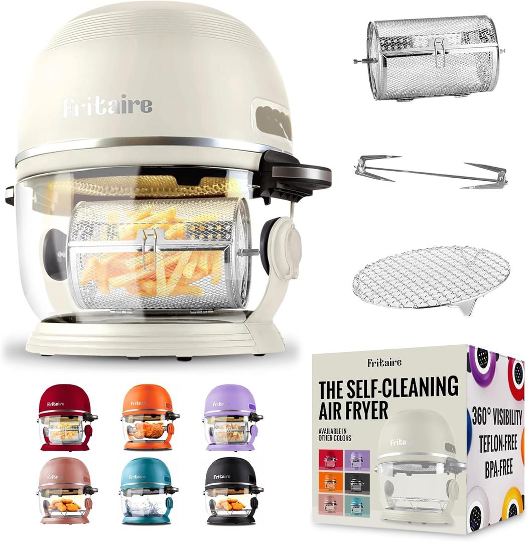 Non Toxic Air Fryer - Glass AirFryer 5 Quart w/ 360 Visibility, Self-Cleaning, 400F Vortex Air Fryer for Even Cooking, BPA-Free Teflon Free, 9-in-1 Functions, Rotisserie, Roast, Bake, White