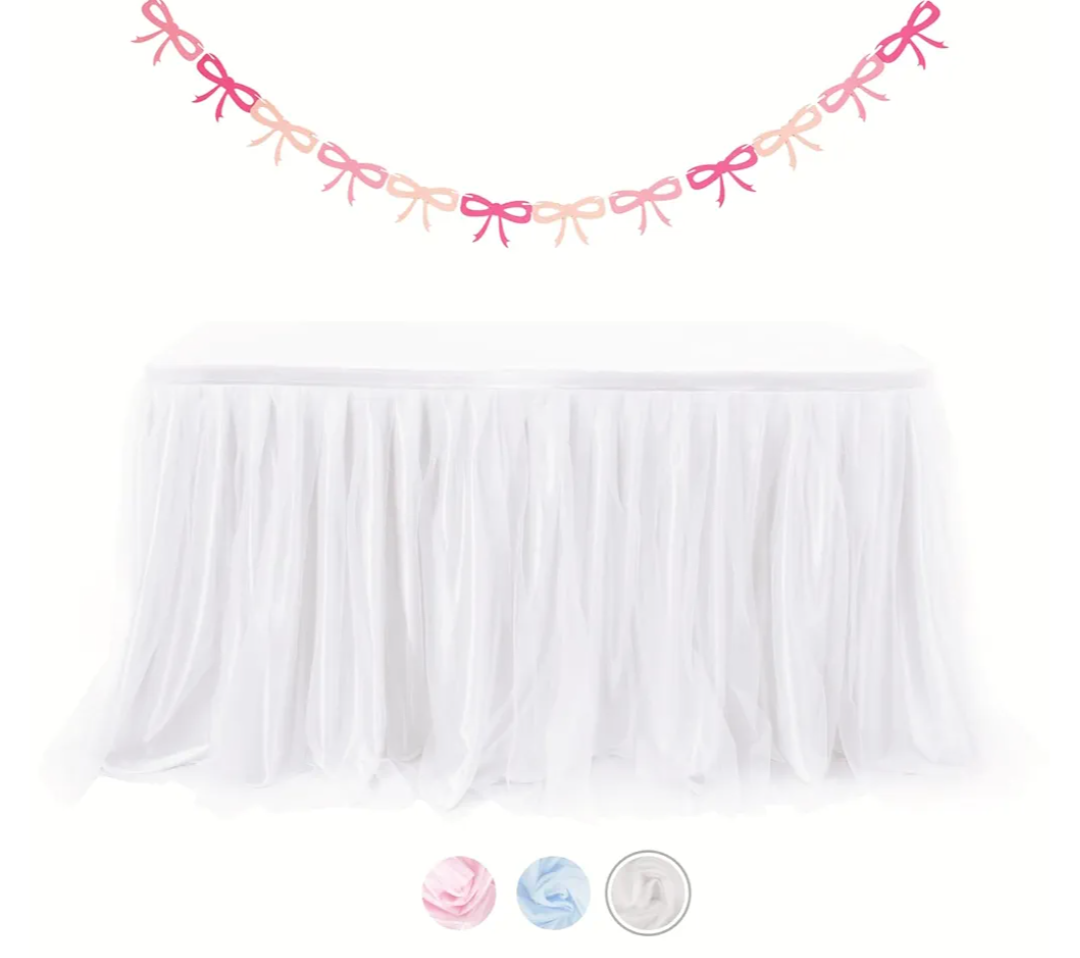 Phantomon 6ft Tulle Table Skirt for Baby Showers Ruffle Tutu Tablecloth for Rectangle or Round Tables, Desk Skirt for Birthday Party, and Dessert Table Decorations with Bow Banner Set (White)