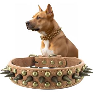 Spiked Studded Dog Collar-Bronze Pointed Stud Anti-Bite Collar (Brown,L) (Large (Pack of 1))