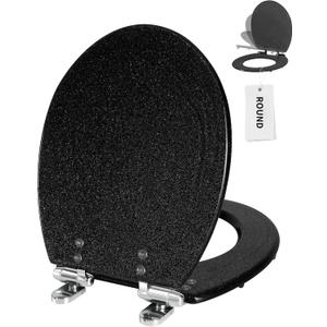Angol Shiold Black Round Resin Toilet Seat Soft Close Quick Release Metal Zinc Alloy Hinge Easy to Install also Easy to Clean, Decorative Acrylic Seats (17 Inch, Black Starlight Glitter)