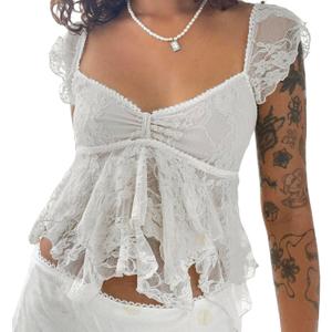 Women Lace Tank Top Cap Sleeve Vintage Floral Sheer Blouse (White, S)