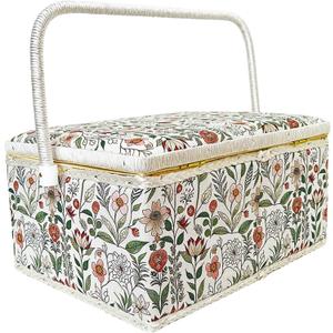 Large Empty Sewing Basket Box with Removable Tray for Mending Crafting and Storage, Green Garden