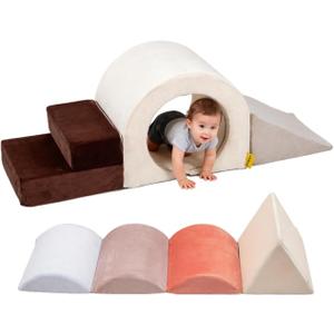 BanaSuper 5-Piece Climbing Toys for Toddlers, Kids Foam Blocks Playset with Arch Tunnel, Convertible Cylinder, Stairs & Ramp, Toddler Indoor Soft Play Gym Activity Play Set for Crawling and Playing (Grey, Blue, Pink)