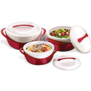 Pinnacle Insulated Casserole Dish with Lid 3 pc. set 2.6/1.25/.6 qt. Elegant Hot Pot Food Warmer/Cooler - Large Thermal Soup/Salad Serving Bowl- Stainless Steel Best Gift Set for Moms Holidays Red