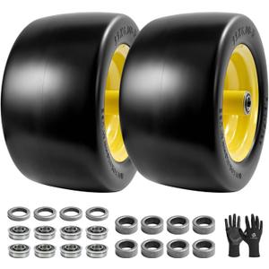 11x6.00-5 Flat Free Tire and Wheel- 11x6-5 Solid Rubber Tire for Zero-Turn Mowers, With 3/4 & 5/8" & 1/2" Bearing and 5.9"-8.1" Centered Hub and 3/4" Bushings (2-Pack), 2PCS
