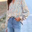 MASCOMODA Womens V Neck Floral Long Sleeve Tops 2026 Summer Casual Loose Puff Sleeve Chiffon Boho Work Blouse Dressy T Shirts (M)