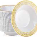 JOLLY PARTY 60 Disposable Gold Plastic Dessert Bowls, 12 oz Soup Bowls, Lace Christmas Thanksgiving Trim, Premium Heavy Duty Plastic Bowl for Wedding/Party (Gold)