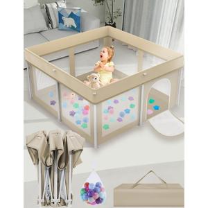 Jimglo Baby Playpen Foldable, Playard for Babies and Toddlers, Portable Playpen Activity Center with 50 Balls+2 Handles for Travel, Indoor & Outdoor Play Pen with Mesh 50''x50''