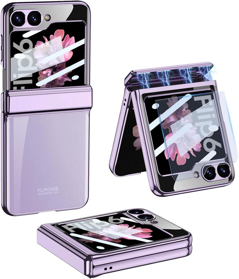 Clear Case for Samsung Galaxy Z Flip 6 with Magnetic Hinge Protection & Built-in External Screen Protection,Luxury Transparent Electroplate Shockproof Cover for Samsung Z Flip 6 (Purple)