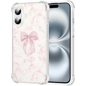iPhone 16 6.1''Light Pink Bow Floral Case,Vintage Vine Flower Pattern Clear Phone Case for Women Girls,Anti-Yellowing Anti-Fall Shockproof Full Body Protective Phone Cover