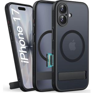 BXYJY for iPhone 17 Magnetic Case with Stand, Compatible with MagSafe, Camera Control Button, Full Lens Protection, Rugged Military Grade Drop, Hard Translucent Matte Slim Case for iPhone 17, Black