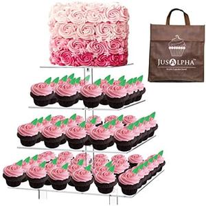 Jusalpha® 13.5'' Width Extra Large 4 Tiered Acrylic Glass Square Cake Stand-Cupcake Stand- Dessert Stand-Tea Party Serving Platter-Candy Bar Party Décor, 4SFL (Square)