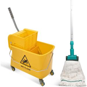 22 Qt (5.5 Gallon) Mop Bucket with Wringer for Floor Cleaning, Handle, Wheels, 16.5" L x 10.6" W x 26.4" H, Yellow, Add One Loop-end String Mop