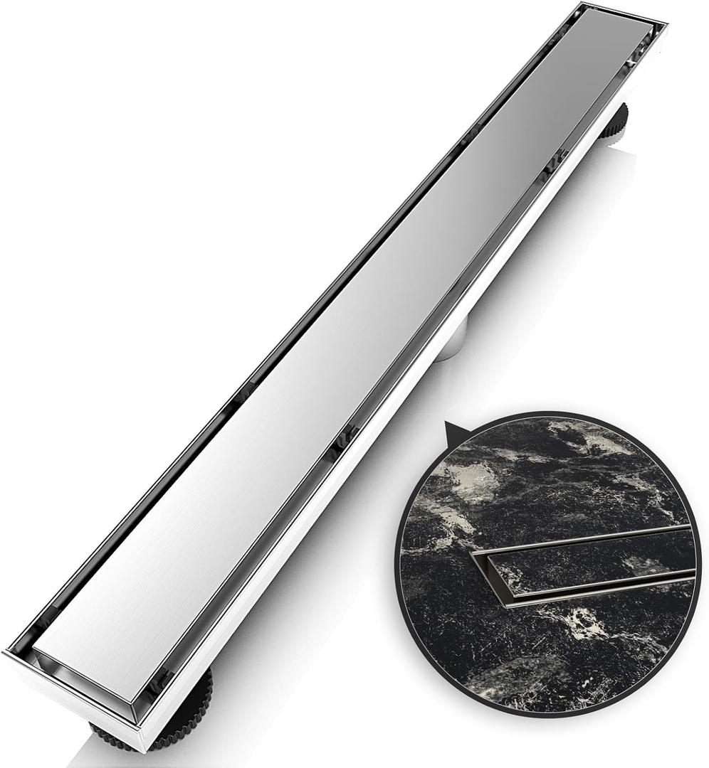 WEBANG 28 Inch Linear Shower Drain Rectangular Floor Drain with Accessories Reversible 2-in-1 Cover Tile Insert Grate Removable SUS304 Stainless Steel CUPC Certified Brushed