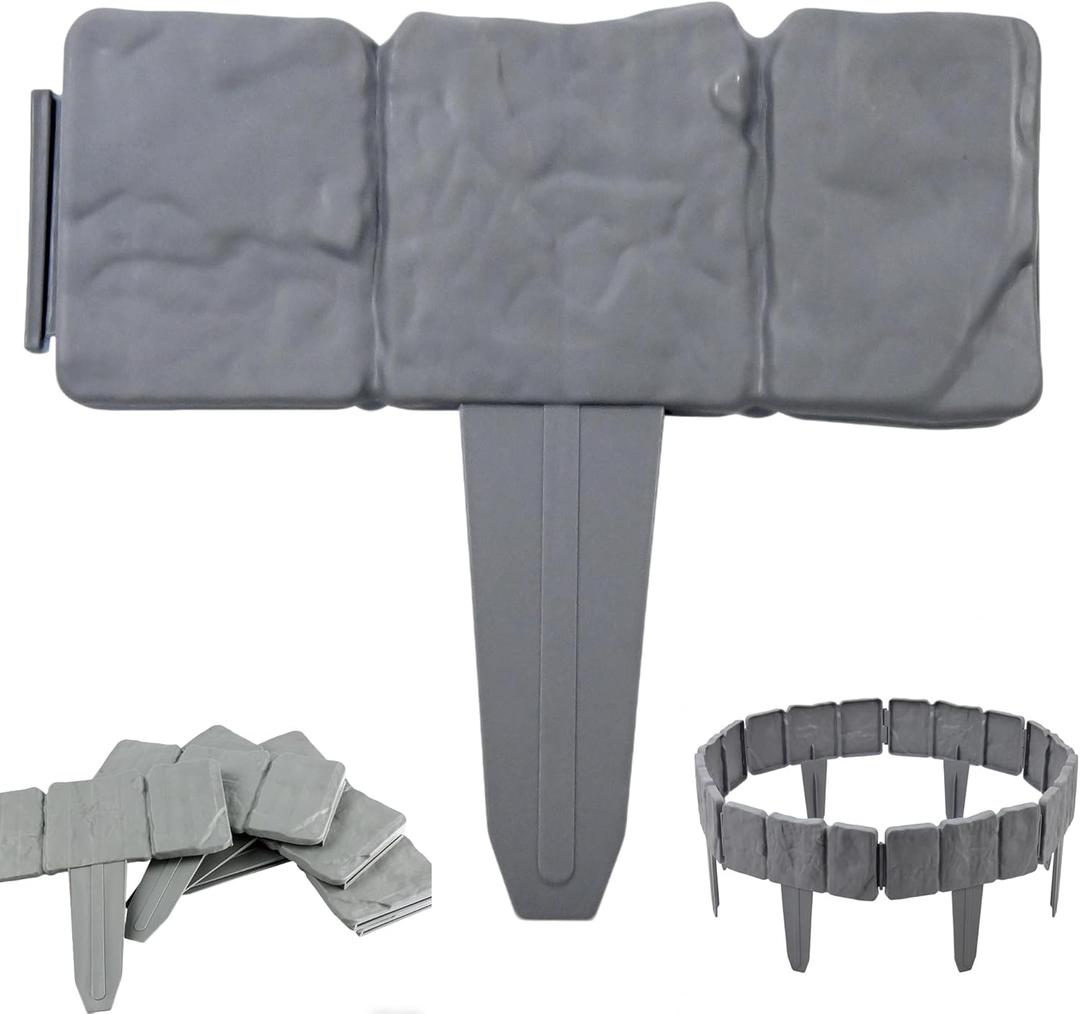 VYNTRA 20Pcs Landscape Garden Edging Border No-Dig 9 Inch Tall Flower Bed Border 16FT Length Plastic Stone-Like Textured for Fence Decorative Lawn Plastic Fencing Flexible for Patio Yard Pathway Grey