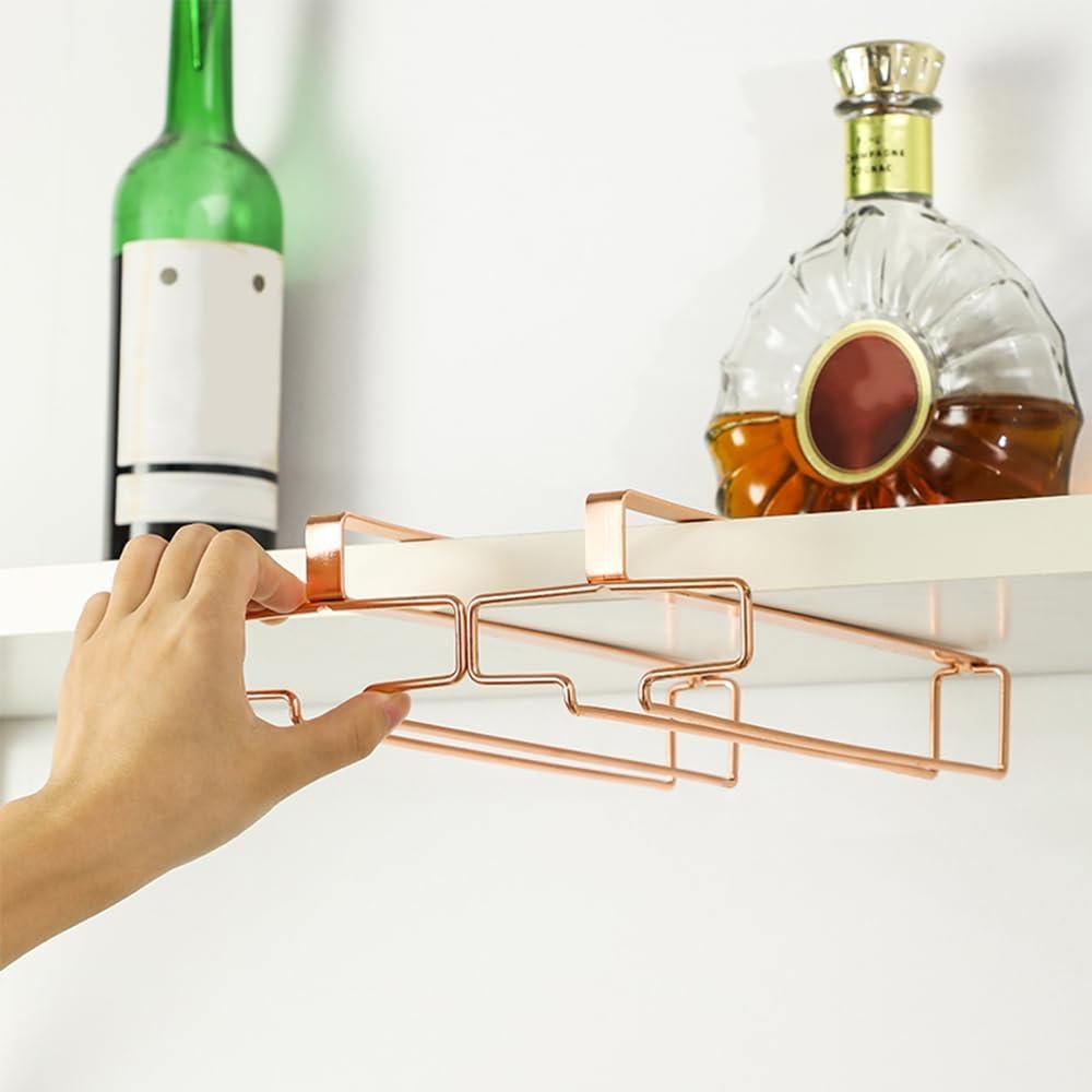 LINFIDITE 2 Pack Under Cabinet Glass Rack Rose Gold Glass Holder Stemware Rack Hanger Kitchen Hanging Storage Rack Organizer
