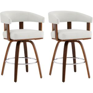 CHITA Swivel Counter Height Barstools Set of 2, FSC Certified Faux Leather Upholstered Bar Stools with Back and Armrest for Kitchen Island Home Bar, 27" Seat Height, White with Walnut Frame