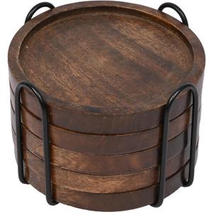 SAMHITA Mango Wood Coasters for Drinks with Iron Holder Stand Set of 5 for Drinking Glasses, Tabletop Protection for Any Table Type