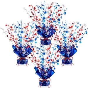 AceOrbit 4 Pcs 4th of July Table Centerpiece Metallic Foil Spray 250th Anniversary Patriotic Red White Blue Star Decorations Burst Table Centerpieces for Independence Day Memorial Day Party Decor