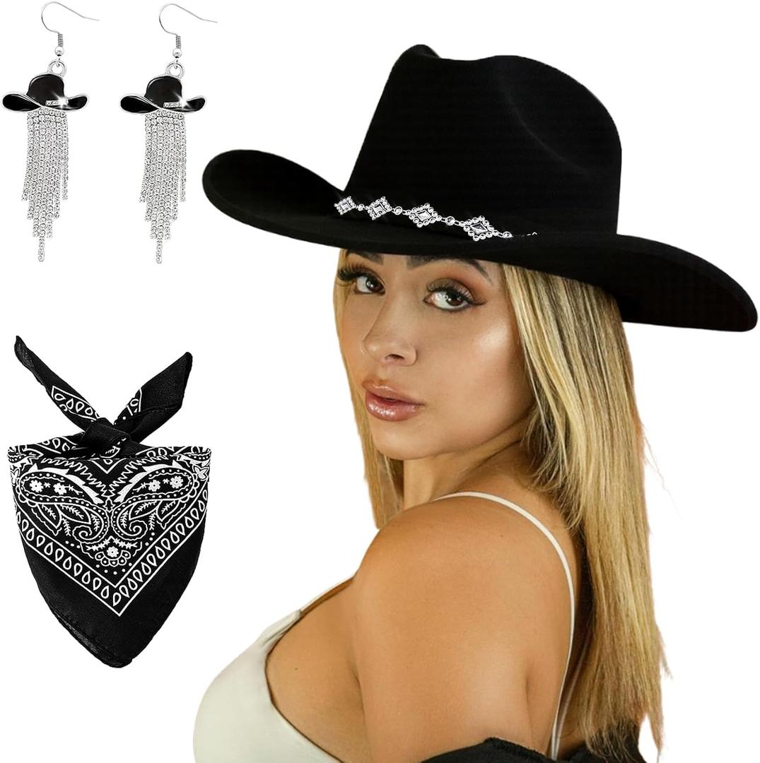 Western Cowgirl Hat for Women Men, Fedora Wide Brim Rhinestone Cowboy Hat with Bandana and Cowgirl Tassels Earrings (Black)
