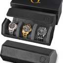 QWATCHBANDS Napa Leather Watch Rolls for Men - Hexagon Triple Watch Roll Travel Case for 3 Watches - Storage Organizer Genuine Leather with Velvet Interior Display (Black/Charcoal)
