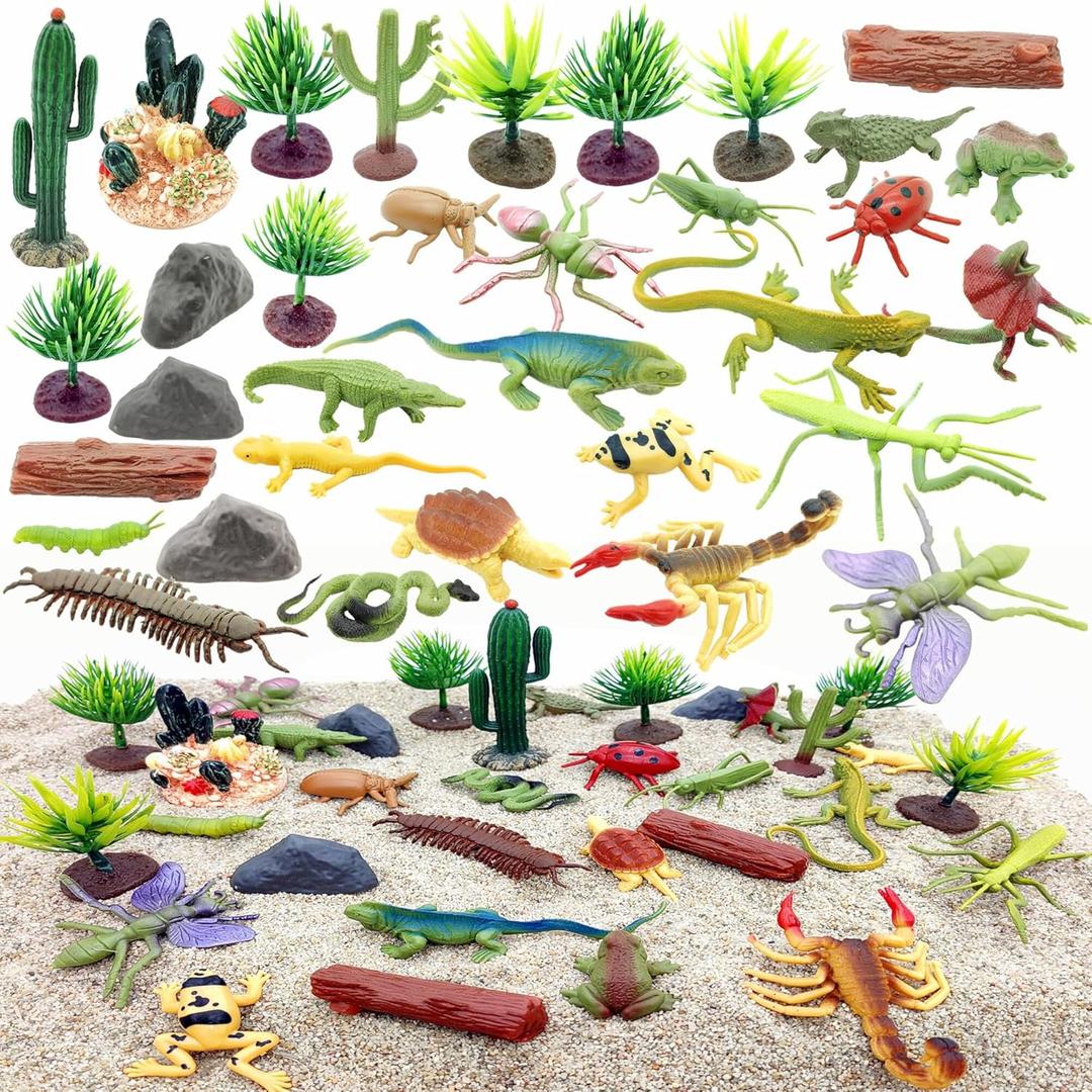 Qiandier Desert Reptiles Animals Figurines Set Model Trees Kit Tree Cactuses Lizard Snake Insects Toys Playset for Kids Birthday Party Favors School Projects Desktop Decoration