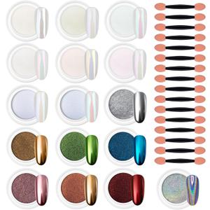 Artdone 16 Colors Chrome Nail Powder, Iridescent Aurora Chameleon Powder Metallic Mirror Effect Pigment Pearlescent Mermaid Pigment Pearl Glitter Dust Kit, Nail Art Decoration, Resin Craft