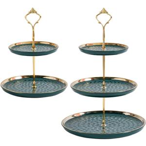 Tosnail Set of 2 Porcelain Cupcake Stand Ceramic Dessert Stand Tiered Serving Trays with Gold Rod, 3 Tiers and 2 Tiers Cake Stand Party Serving Trays Fruit Pastry Holders for Wedding and Party