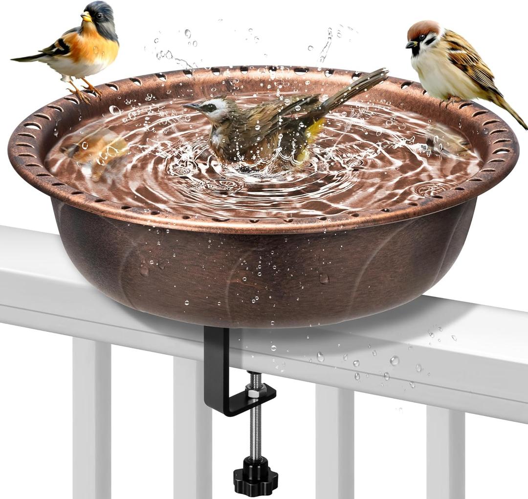 VIVOHOME Deck Mounted Polyresin Bird Bath with Adjustable Sturdy Metal Clamp for Railings up to 3.9 Inch, Capacity 1.4 Gallons for Patio, Gardens, Yard, Deck, Bronze