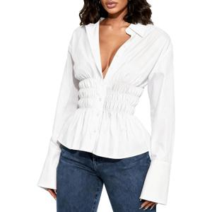 Women Long Sleeve Button Down Fitted Shirts Collared Cinched Waist Tops Office Work Blouse (Small, White)