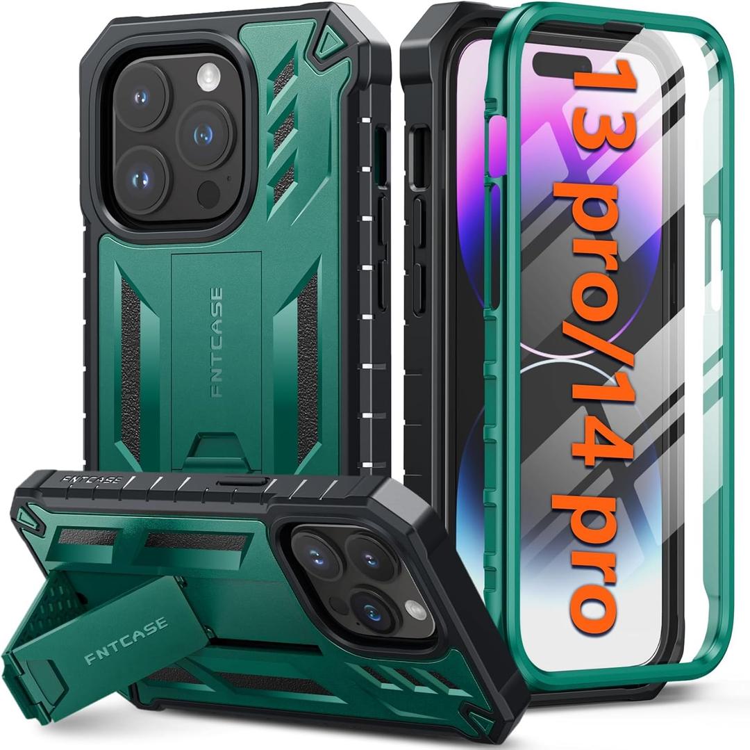 FNTCASE for iPhone 14-Pro Phone Case: for iPhone 13 Pro Cases | Military Grade Drop Proof Protection Mobile Cover with Kickstand | Matte Textured Rugged Shockproof TPU | Protective Sturdy - Green FNTCASE for iPhone 14-Pro Phone Case: for iPhone 13 Pro Cases | Military Grade Drop Proof Protection Mobile Cover with Kickstand | Matte Textured Rugged Shockproof TPU | Protective Sturdy - Green