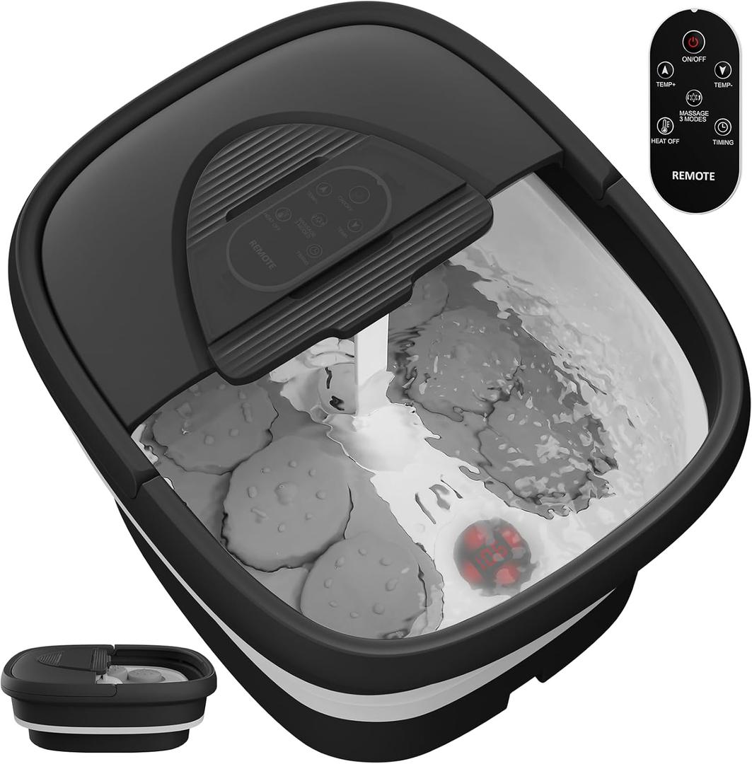 Foot Spa Collapsible, Foot Bath Massager with Heat, Remote, Timer, and 24 Motorized Shiatsu Massage Balls, Foot Soaking Tub Supports Hot/Cold Water Soaking- BA03H (Black)