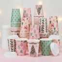 Gerrii 100 Set Christmas Paper Cups Disposable 12 oz with Lids Hot Chocolate Coffee Cups for Hot and Cold Drinks Tea Water Bar Supplies Holiday Winter Season (Pink Bow)