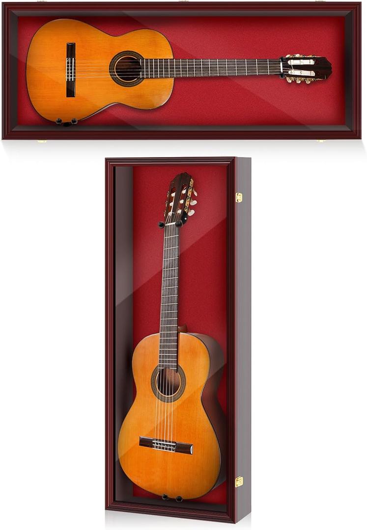 Electric/Acoustic Guitar Display Case Wall Mount Guitar Case Cabinet Shadow Box with Hanger Stand and Lock 98% UV Protection Acrylic Clear Door for Musician Collection(Red Brown,45'')