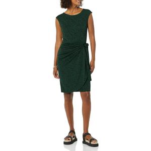 Amazon Essentials Women's Cap Sleeve Boat-Neck Faux Wrap Dress (Dark Green Animal)