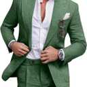 Linen Men Suit Set Casual Tuxedo 2 Piece Regular Fit Blazer One Button Solid Jacket and Pants for Prom Wedding Party (Dark Green) XL 