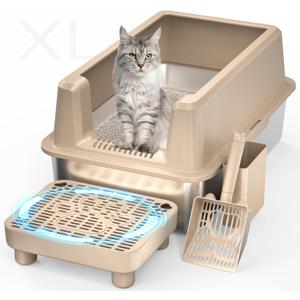 Enclosed Stainless Steel Cat Litter Box, Extra XL Large with Lid, Metal Litter Box with High Sided, Easy Clean, Odorless, Anti-Urine Leakage, Includes Scoop (Khaki)