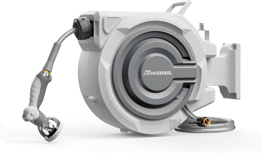 72 FT x 1/2" Retractable Garden Hose Reel by HOZEREEL, Outdoor Garden Hose Reels - Automatic Self Retract Wall Mount Hose Reel Enclosed Storage, Any Length Lock, 10 Pattern Nozzle-Grey