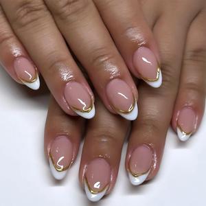 White French Tip Press on Nails with 3D Gold Lines Acrylic Nails Medium Almond Glue on Nails Glossy Reusable Stick on Nails for Women DIY Charm Manicure