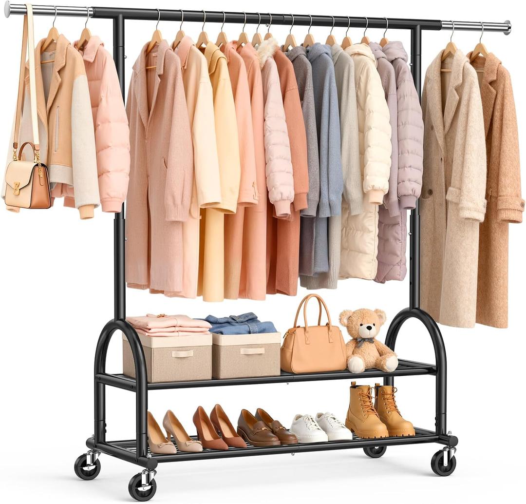 EAGMAK Heavy Duty Clothes Rack for Hanging Clothes Load 556 LBS, Height Adjustable Rolling Clothing Racks, Portable Metal Coat Rack Garment Wardrobe with Wheels and Shelves for Bedroom Laundry, Black