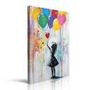 Heart Balloons Silhouette Child Banksy Canvas Wall Art Framed Painting Colorful Modern Whimsical Graffiti Wall Decor Print Poster Joyful Love Artwork for Girls Kid Room Living Room 16x24 Inches