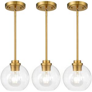 Pendant Lights Kitchen Island, Modern Gold Pendant Light with Clear Glass, 7 Inch Farmhouse Hanging Light Fixtures for Dining Room Entryway, Bedroom, Hallway, Farmhouse- 3 Pack