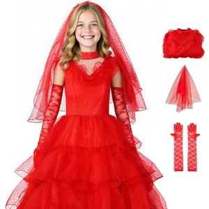 Halloween Gothic Women Red Wedding Dress Costume Tulle Skirt Vintage Goth Cosplay Party Outfits with Veil Gloves 
Size: Adult L