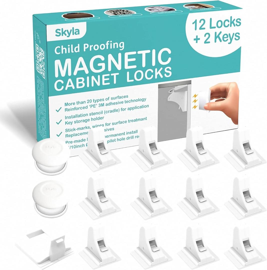 Skyla Homes Magnetic Cabinet Locks Baby Proofing Child Safety - The Safest Quickest and Easiest Multi-Purpose 3M Adhesive Child Proof Latches, No Screws or Tools Needed (12 Pack)