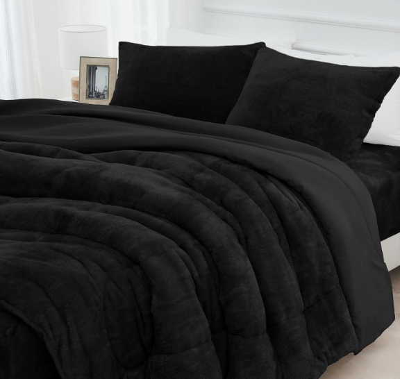 HCORA Faux Fur Comforter Set with Fitted Sheet - Luxury Ultra Soft Fluffy Fuzzy Queen Comforter Set, Cozy Warm Plush Bedding Comforter for Winter, 4 Pcs(1 Comforter +1 Fitted Sheet + 2 Pillowcases), Black