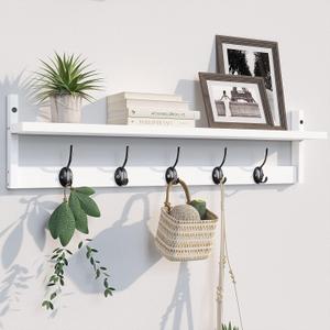 BAMEOS Wall-Mounted Wood Shelf with 5 Dual Hooks for Bathroom, Living Room, Bedroom (White-with Shelf, 28.9IN)