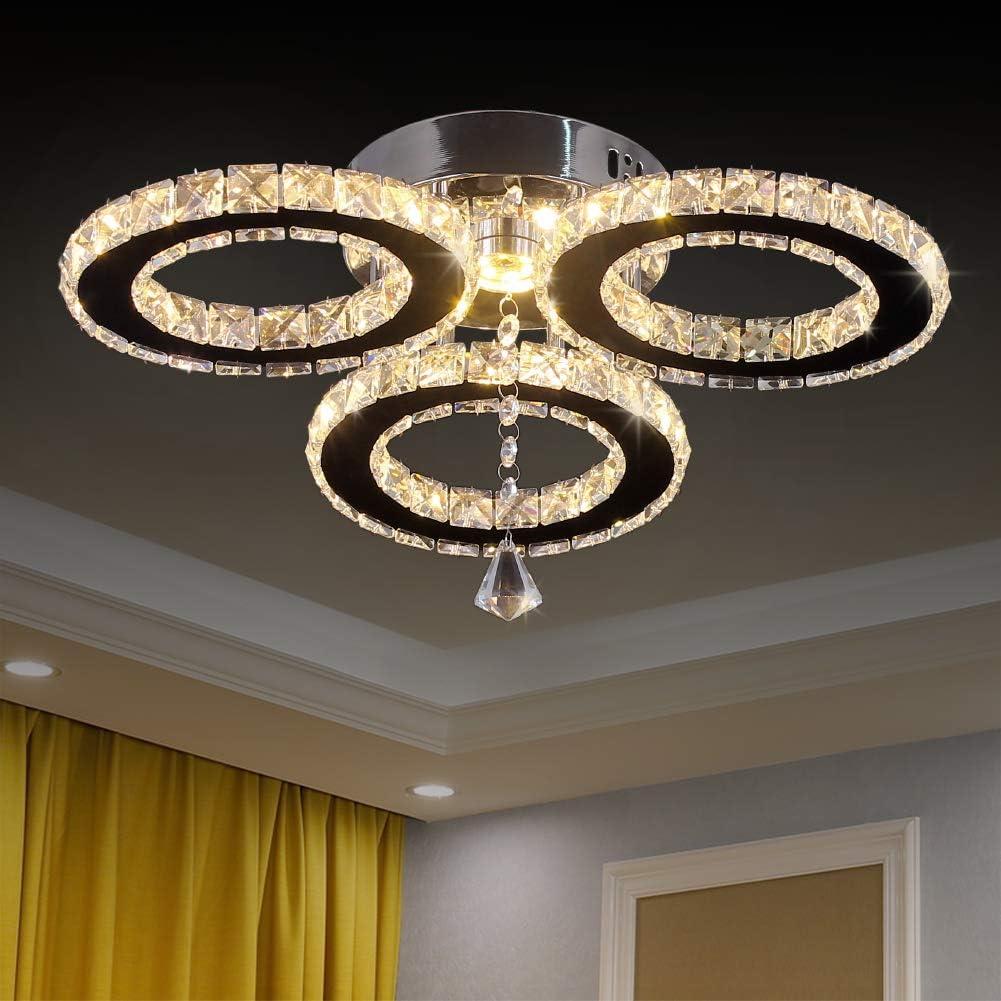LED Crystal Pendant Ceiling Light 13x3.5 Inches 3 Rings Crystal Chandelier Flush Mount Lighting Fixture for Bedroom Hobby Living Room (Warm White)